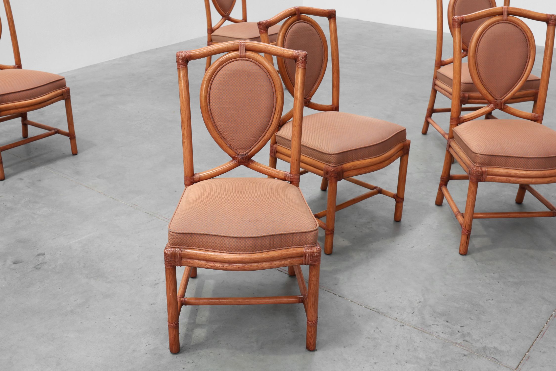 Set of 6 bamboo dining room chairs with geometric upholstery by Gasparucci, Italy 1980sthumbnail
